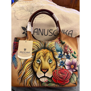 Women's Anuschka Tan Hand-Painted Lion Floral Leather Satchel